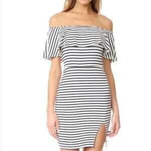 Lovers + Friends dress navy blue‎ white striped off the shoulder small stretch